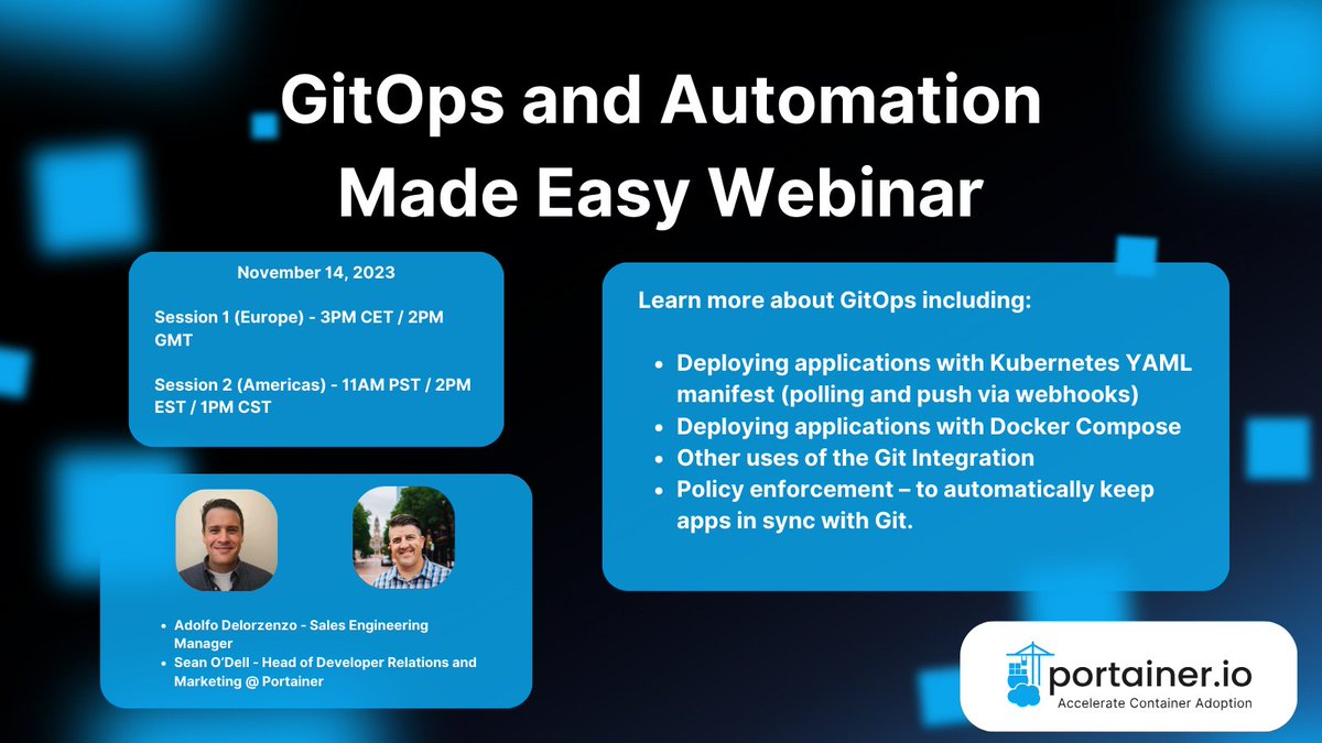 portainerio's tweet photo. Learn how Portainer enables #GitOps in our latest webinar:
๐ Automation and GitOps Made Easy
๐๏ธ November 14, 2023 (2 Sessions)
Register now:
Europe - https://t.co/c2O2PrVak8
Americas - https://t.co/HkmZYwfhYJ
#Git #Docker #Kubernetes #CICD #MTHE #CloudNative https://t.co/yRiTfJpPEd