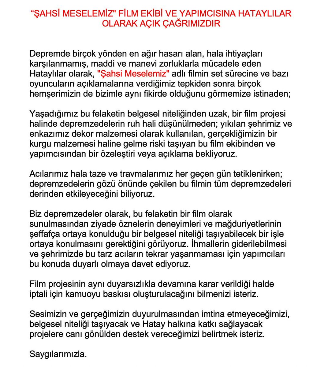 “Şahsi Meselemiz” filmi ekibi ve yapımcısına tepkili Hataylılar olarak açık çağrımızdır. Tepkimizi bir yerde toparlamak için bir imza kampanyası düzenledik. Bu link üzerinden imzalarınızı bekliyoruz. chng.it/tfsZZrZx8b