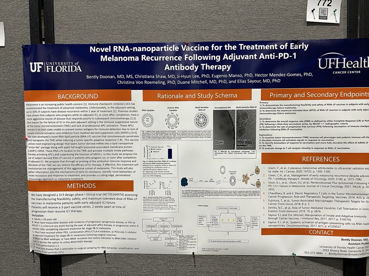 Day two of #SITC2023, day two of comically oversized poster. Sorry to 770 and 774 I need a few inches of you space. @Rosen_NeuroOnc @JohnLigon @UFHealthCancer
