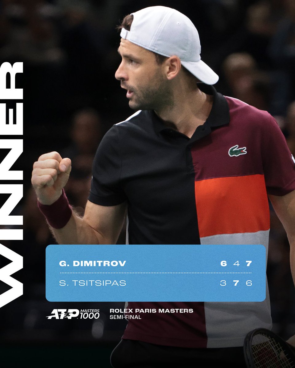 atptour's tweet photo. Grigor the GREAT 💎

Grigor Dimitrov fights past Tsitsipas to reach his second career Masters 1000 final!

@RolexPMasters | #RolexParisMasters https://t.co/UPgEM1ctuT