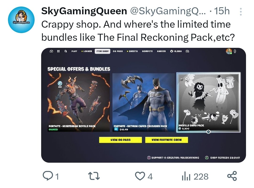 melsrev4ngee's tweet photo. @realsousita @SkyGamingQueen Told you she has 12k vbucks can easily buy stuff from her wishlist but she won't so that someone can gift her it for free https://t.co/zNSeCYMan6