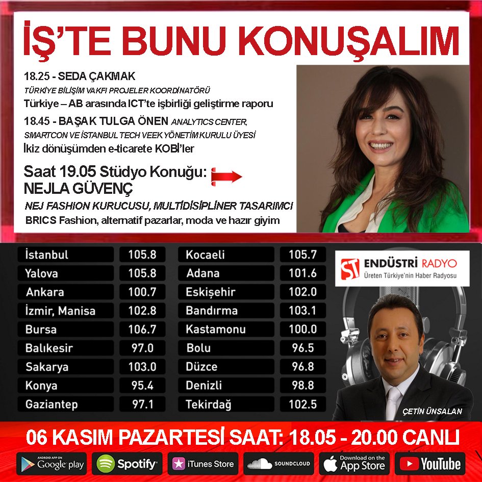 ÇETİN ÜNSALAN İLE İŞ’TE BUNU KONUŞALIM ENDÜSTRİ RADYO’DA... Türkiye – AB arasında ICT’te işbirliği geliştirme raporu; İkiz dönüşümden e-ticarete KOBİ’ler; BRICS Fashion, alternatif pazarlar ve moda, hazır giyim sektörü <a href="/stendustriradyo/">ST Endüstri Radyo</a> <a href="/NejFashion/">Nej Nejla Guvenc</a> <a href="/smartconglobal/">smartcon global</a>