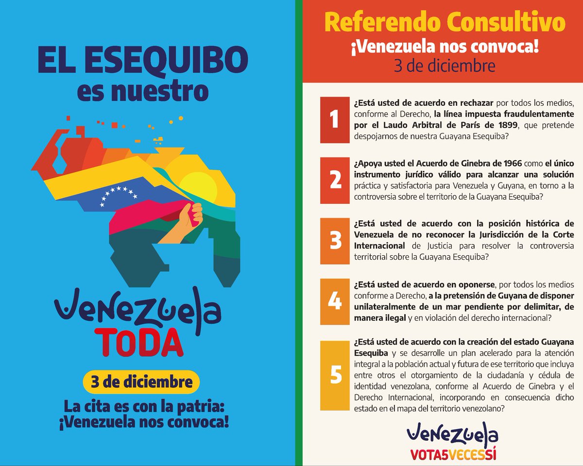 Estas son las preguntas del Referéndum Consultivo del próximo #3Dic. Vamos a difundirlas en todos los rincones de la Patria, en las escuelas, liceos y universidades, a través de medios, redes y paredes. Todas y todos saldremos a votar #5VecesSí para garantizar la Paz en nuestro