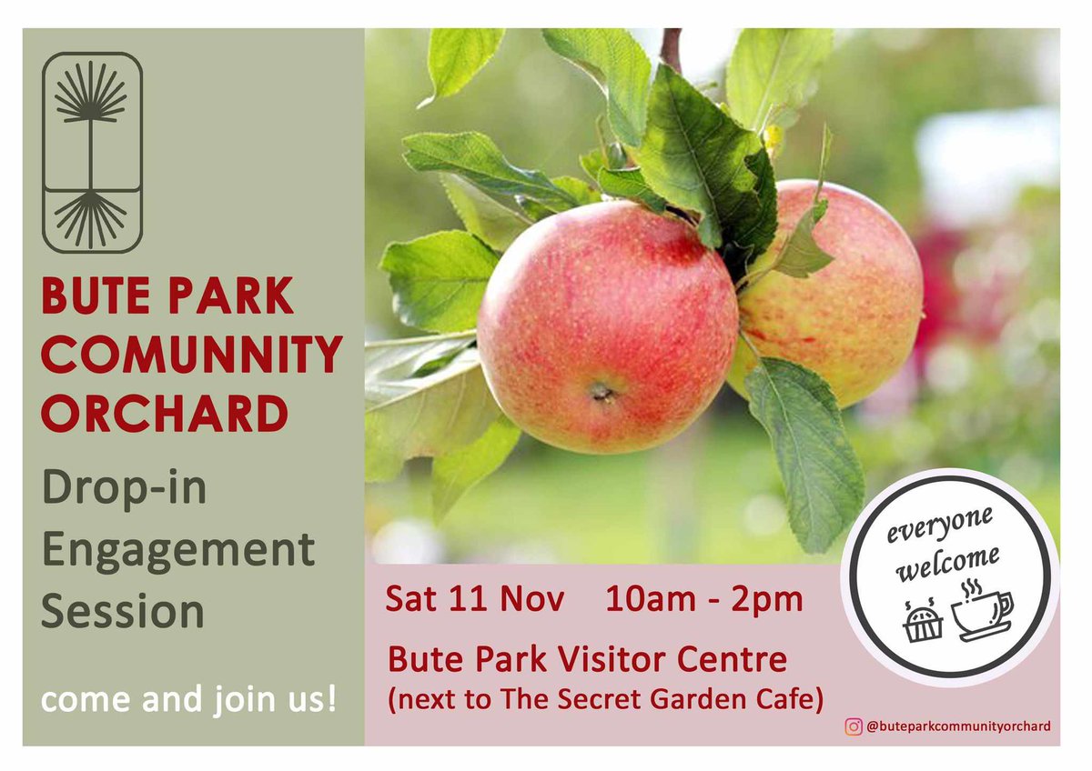 Come and join us next Saturday 11th November at @buteparkcardiff Visitor Centre next to the @SecretGardenCF for our drop-in engagement session. We'd love to hear what you have to say about our #communityorchard #Cardiff #butepark #cardifforchard