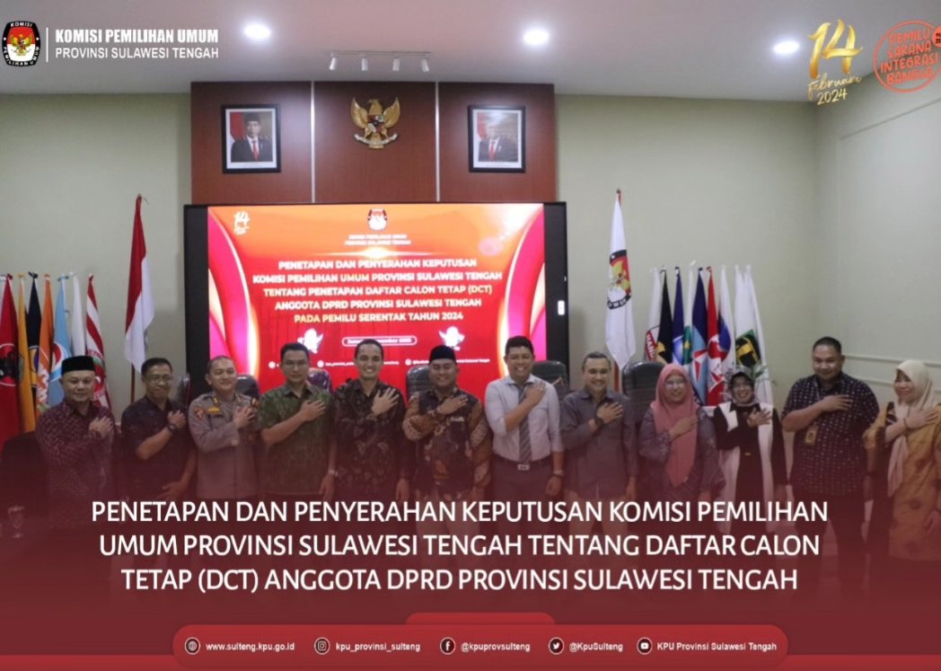 KpuSulteng's tweet photo. #TemanPemilih, Ketua KPU Prov Sulteng dan Anggota KPU Sulteng hadir pada Penyerahan keputusan  Penetapan Daftar Calon Tetap (DCT) anggota Dewan Perwakilan Rakyat Daerah Provinsi Sulawesi Tengah, Jumat, 03/11/2023 yang diselenggarakan di aula Kantor KPU Prov Sulteng. https://t.co/HeyFXgDLrq