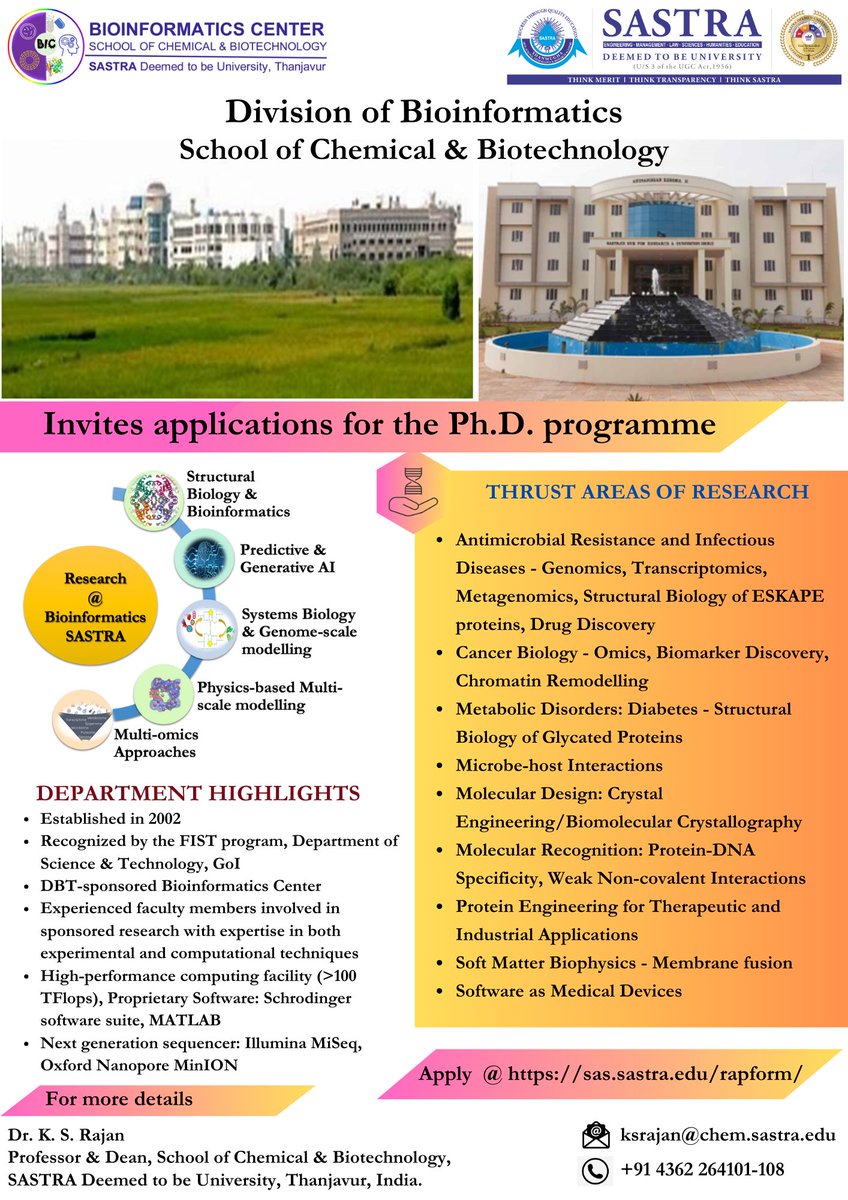 vmsrvignesh's tweet photo. The Division of Bioinformatics .@SastraUniv invites applications from prospective students for admission to its PhD programme. Enroll for a vibrant research experience and chisel yourself as a fine researcher! https://t.co/1jJh9dmOUv