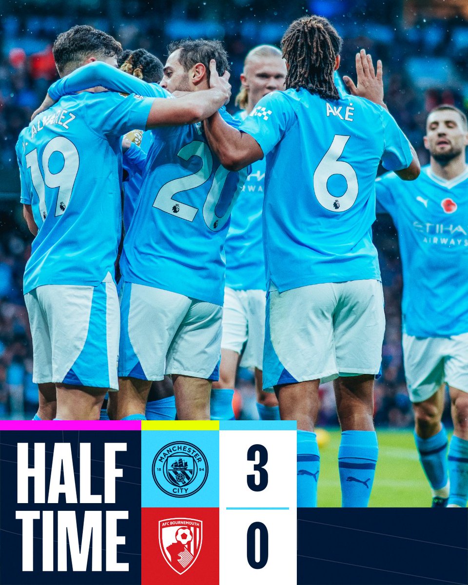 ManCity's tweet photo. HALF-TIME | In the lead at the interval! 👏

Sum up that first-half in one word? 👇

🩵 3-0 🍒 #ManCity https://t.co/Crdm7HQQIt
