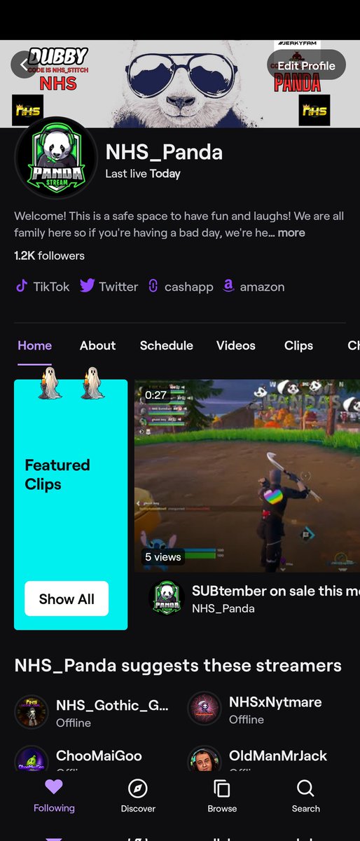NHSPandaStitch's tweet photo. Come hang out anytime I'm doing $25 Amazon gift if I get 5000 bits end of the month if I make before I will give out $50 card to. https://t.co/pAY5I0OIUh come in. @FortniteGame @Alderman_Pawar https://t.co/F12iivoBaZ
