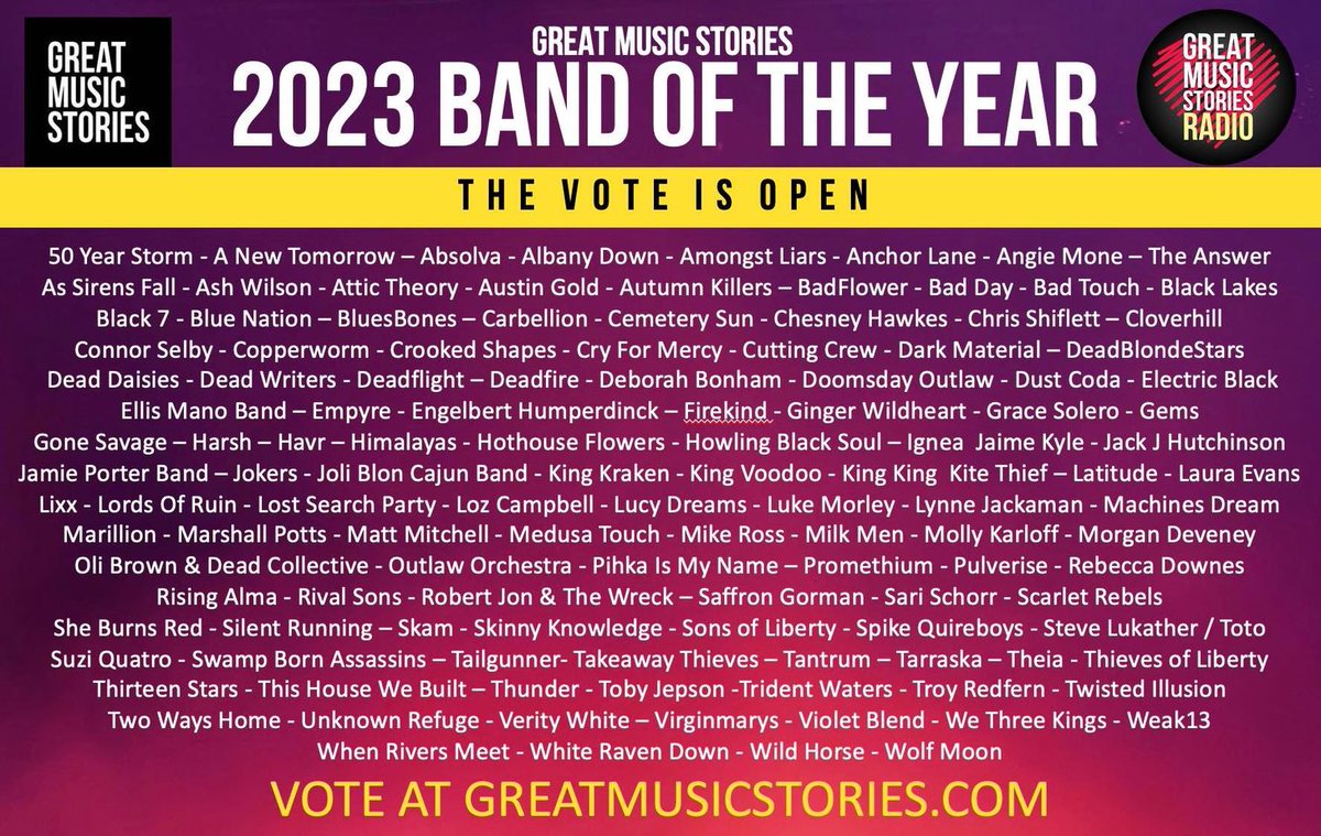 If you can VOTE, WE thank you 
greatmusicstories.com/band-of-the-ye… 
Voting live until lunchtime Tues 7 Nov!
2023 band of the Year announced on Mon 20th Nov from 6pm with Great Music Stories and Guy Bellamy!
#newmusicmatters #VoteNow #vote #needed #bandoftheyear #thankyou #GreatMusicStories