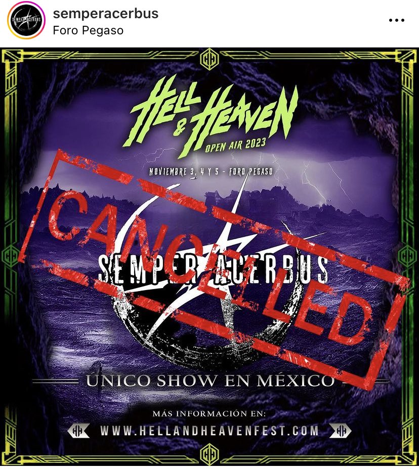 writerinvans's tweet photo. Esto sí se veía venir, pero @SemperAcerbus ha confirmado su cancelación de su show de mañana en el Hell and Heaven Open Air. Recordemos que su baterista estuvo desde el jueves preguntando por la logística en el IG del Festival y al parecer nunca recibieron respuesta #HH2023 https://t.co/Cfdg5qEcGT