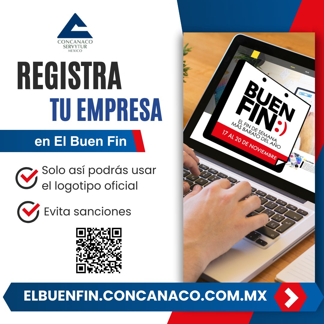 ¿Tienes una empresa  y deseas participar en #ElBuenFin? Regístrate, solo así podrás usar el logotipo oficial. Evita sanciones
Ingresa a: elbuenfin.concanaco.com.mx