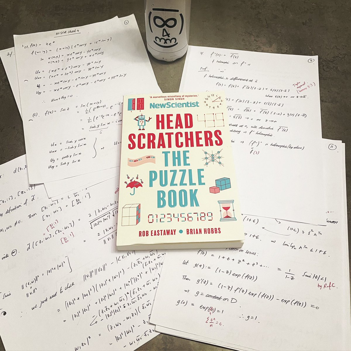 tomrocksmaths's tweet photo. The perfect Saturday - nothing but maths! Thanks to @robeastaway for the copy of his new book @newscientist Head Scratchers: a delightful selection of puzzles guaranteed to keep you entertained for days… and the perfect companion for my Complex Analysis problem sets! https://t.co/XVynRgA46m