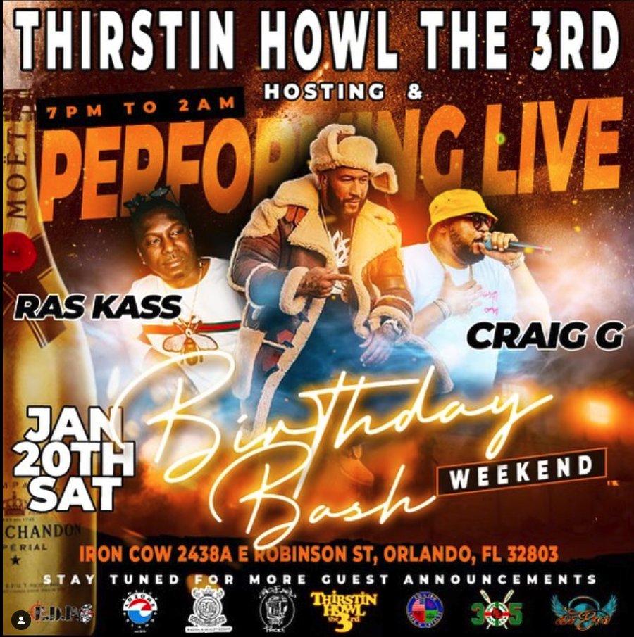 ctraffik's tweet photo. Itโs going down once again! Thirstin Howl the 3rd @ThirstinHowl3rd Birthday Bash Weekend Jan 20th!
Performing live (so far) @RasKass and @mc_craig_g
More guest to be announced, make your plans now you donโt wanna miss this one! ๐ฅ๐ฅ๐ฅ
#FloLife #2LsUp #LoLife #LoLifeMiamiFamily https://t.co/UHuPhTkUNj