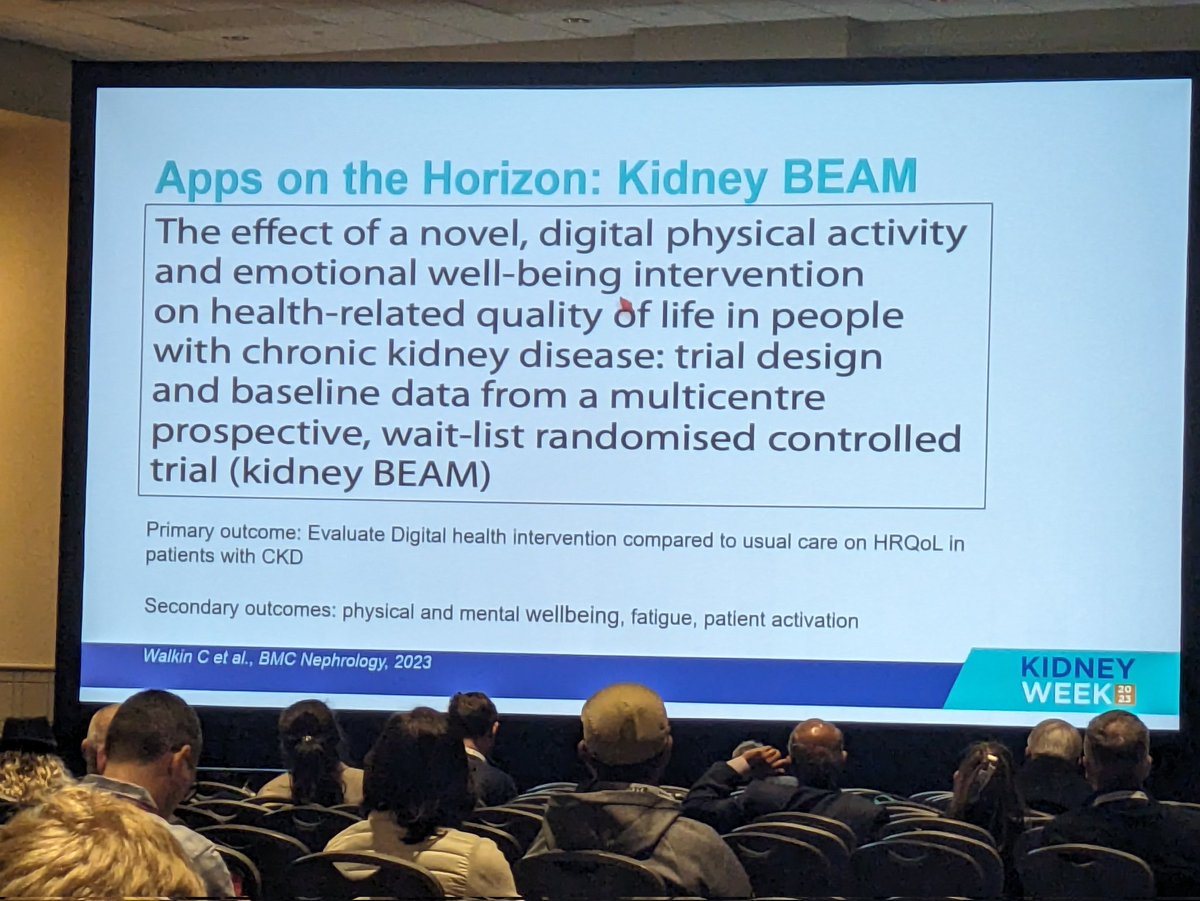 Great shout out for @mykidneysandme and @kidneybeam_ in patient-facing mobile technology session. If you want to hear the findings from the RCTs, myself and @sharleneuk will be presenting them this afternoon in the digital health session #KidneyWk #ASN23