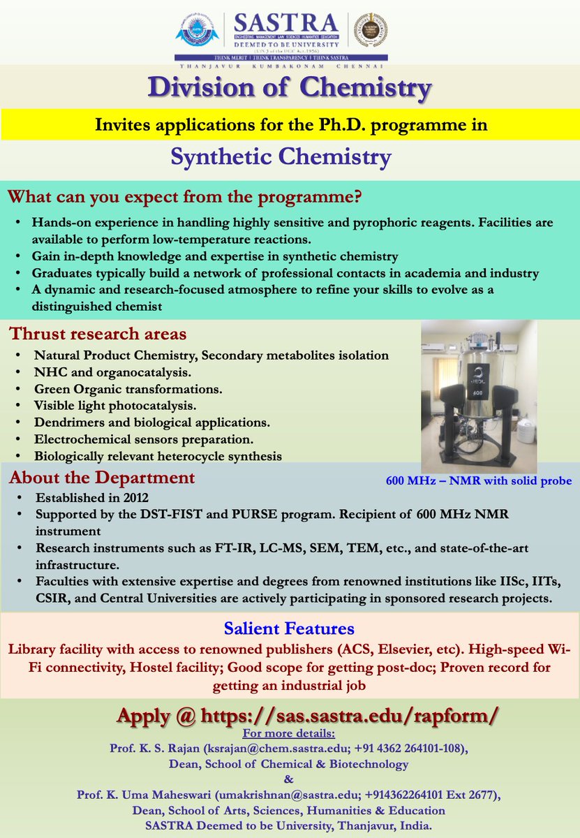 vmsrvignesh's tweet photo. The Division of Chemistry @SastraUniv  invites applications from prospective students for admission to its PhD programme in various research themes. See attached for details. https://t.co/2y8e90TudZ