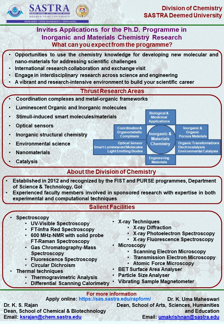 vmsrvignesh's tweet photo. The Division of Chemistry @SastraUniv  invites applications from prospective students for admission to its PhD programme in various research themes. See attached for details. https://t.co/2y8e90TudZ