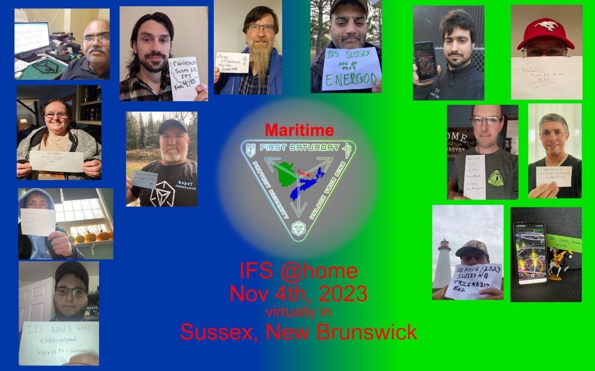 Jim0Watters's tweet photo. Maritime Ingress First Saturday event #43 for Nov 4th, 2023 virtually in Sussex, NB. Playing from home. #IngressFS #ingressathome #fevgames https://t.co/pwFemp7PZ7