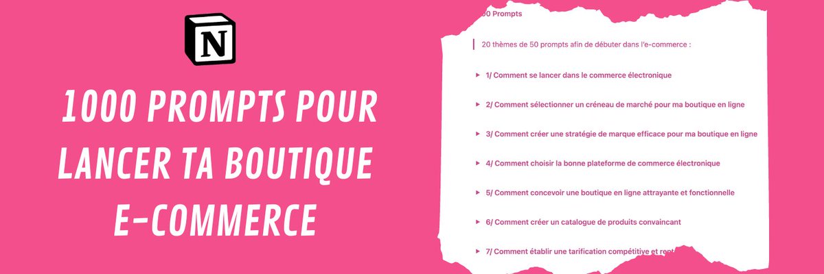 hugo_marketing_'s tweet image. Des boutiques e-commerce font 100,000 €/mois avec ChatGPT.

Mais peu de gens savent comment commencer...

Voici 1000 prompts pour te lancer dans ce business. 💸

10 € de base, offert pendant 24 heures !

Pour l&apos;obtenir ⬇️

- Follow (pour DM)
- Fav + RT
- Commente &quot;GPT&quot;