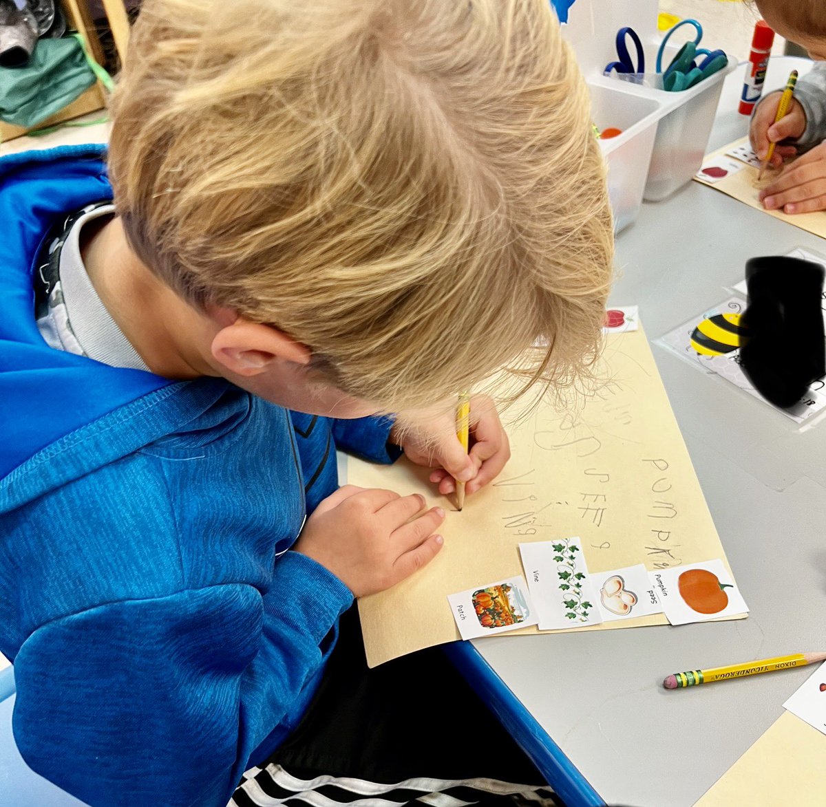 CarlenaSheeran's tweet photo. The sweet #TinyTrojans in Emily Wilcoxson’s  #HCSPreschool classroom @NorthParkKids sorted apple &amp; pumpkin pictures then worked on copying words they have learned.🍏🎃📝 #HCSBetterTogether #HCSPreschool #SortTheDifferences #WritingOurWords https://t.co/SrALo7N7nd