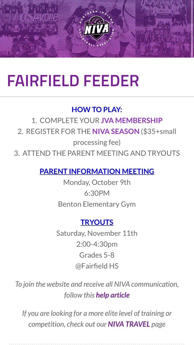 We are ONE WEEK away from Fairfield NIVA feeder tryouts for 5-8th grade girls. If you haven’t registered yet please try to get that done ASAP. 
If you need any information about registration please send us a message!