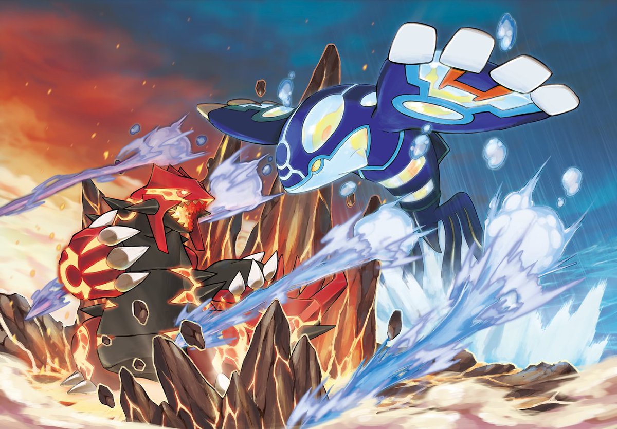 Promotional key art for Pokemon Omega Ruby and Alpha Sapphire, illustrating a duel between Primal Kyogre and Primal Groudon.