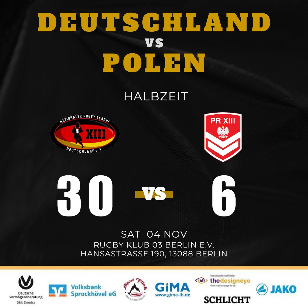 Halbzeitstand zwischen Deutschland und Polen in Berlin. Nach einer starken Leistung der deutschen Dreizehn steht es zur Halbzeit 30 zu 6 gegen Polen.

#NRLD #RugbyLeague #RugbyLeagueDeutschland #DieDreizehn #XIII #LoveRugbyLeague