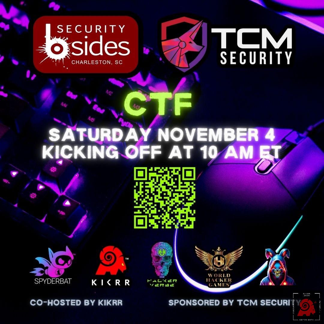 _HACKERverse_'s tweet photo. BSIDES + TCM SECURITY = MAD CTF sign up and join other red teamers hack their way through a newly discovered vuln - To be annnounced LIVE during the CTF.
https://t.co/dgYCvT1Ckq
#BSidesCHS
#TCMsecurity
#KIKrr
#HACKERverse
#WHG
#SPYDERbat https://t.co/leqRCTdwN0