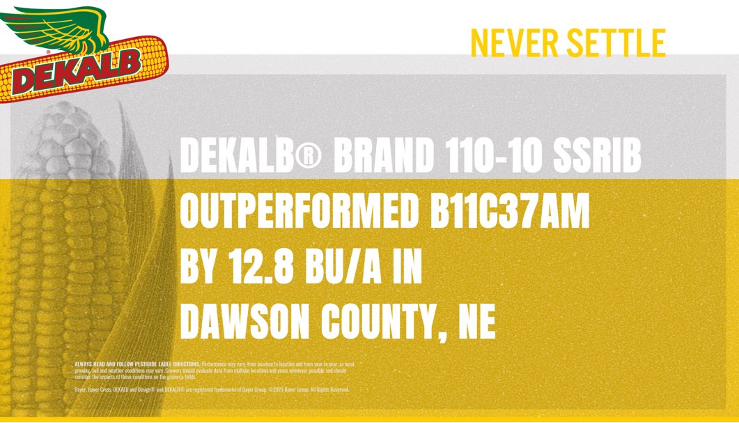 Dawson County is loving our new DKC110-10 SSRIB
🌽Good heat and drought tolerance 
🌽Very good root and stalk strength
🌽Good grain quality &amp; solid test weight 
<a href="/bk_franzen/">Bryan Franzen</a> <a href="/cattleNcrops83/">Casey C.</a> <a href="/Asgrow_DEKALB/">DEKALB Asgrow Seed</a> 
 #Bayer4NE #Harvest23 #agriculture #farming