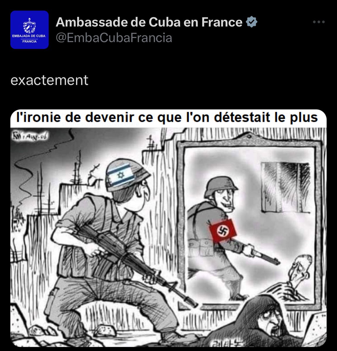 🇨🇺🇮🇱 FLASH - L’ambassade de Cuba en France a publié sur son compte Twitter une image comparant les soldats israéliens aux soldats nazis. (X)