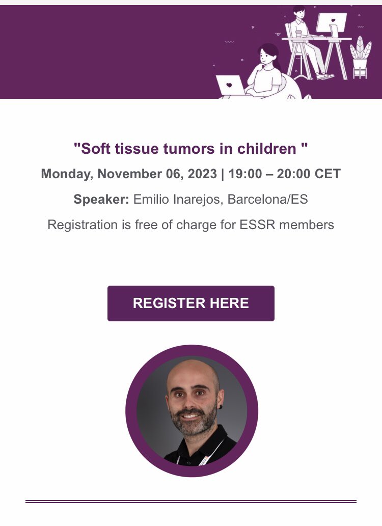 Ana Isabel Garcia (@anablixgd) on Twitter photo Don’t miss Next ESSR live WEBINAR on Monday 6th November 19.00 CET
“Soft tissue tumors in children” with Emilio Inarejos, Barcelona Spain
<a href="/ESSRmsk/">European Society of Musculoskeletal Radiology</a> <a href="/MskSerme/">SERME</a> <a href="/SermeMsk/">Casos de #radiología #MSK de la #SERME</a>
FREE for members here
us06web.zoom.us/webinar/regist… Don’t miss Next ESSR live WEBINAR on Monday 6th November 19.00 CET
“Soft tissue tumors in children” with Emilio Inarejos, Barcelona Spain
<a href="/ESSRmsk/">European Society of Musculoskeletal Radiology</a> <a href="/MskSerme/">SERME</a> <a href="/SermeMsk/">Casos de #radiología #MSK de la #SERME</a>
FREE for members here
us06web.zoom.us/webinar/regist…