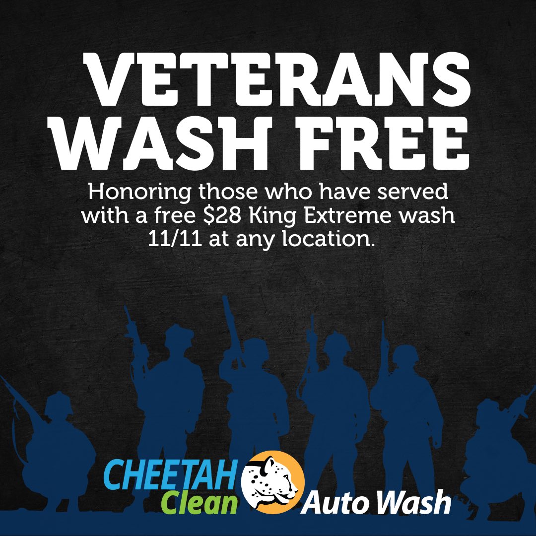 Honoring those who served this Veterans Day with a Free King Extreme Wash! 

🇺🇸Veterans can also receive $5 off a month on any of our unlimited plans!🐆

Stop by any Cheetah Clean location on 11/11 with ID to receive free carwash!