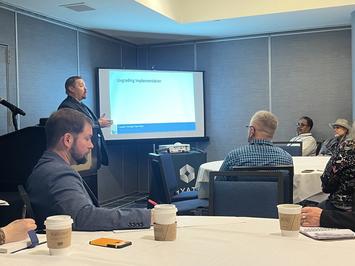 CCUScienceDean's tweet photo. Ungrading….a way to change motivation and increase learning and reflection. Our faculty in chemistry, Drs. Drew Budner and Brett Simpson did a great job sharing this and representing @coastalstem and @CCUChanticleers University at the 2023 #AACUSTEM conference in DC/Arlington. https://t.co/02mt7NO0V8