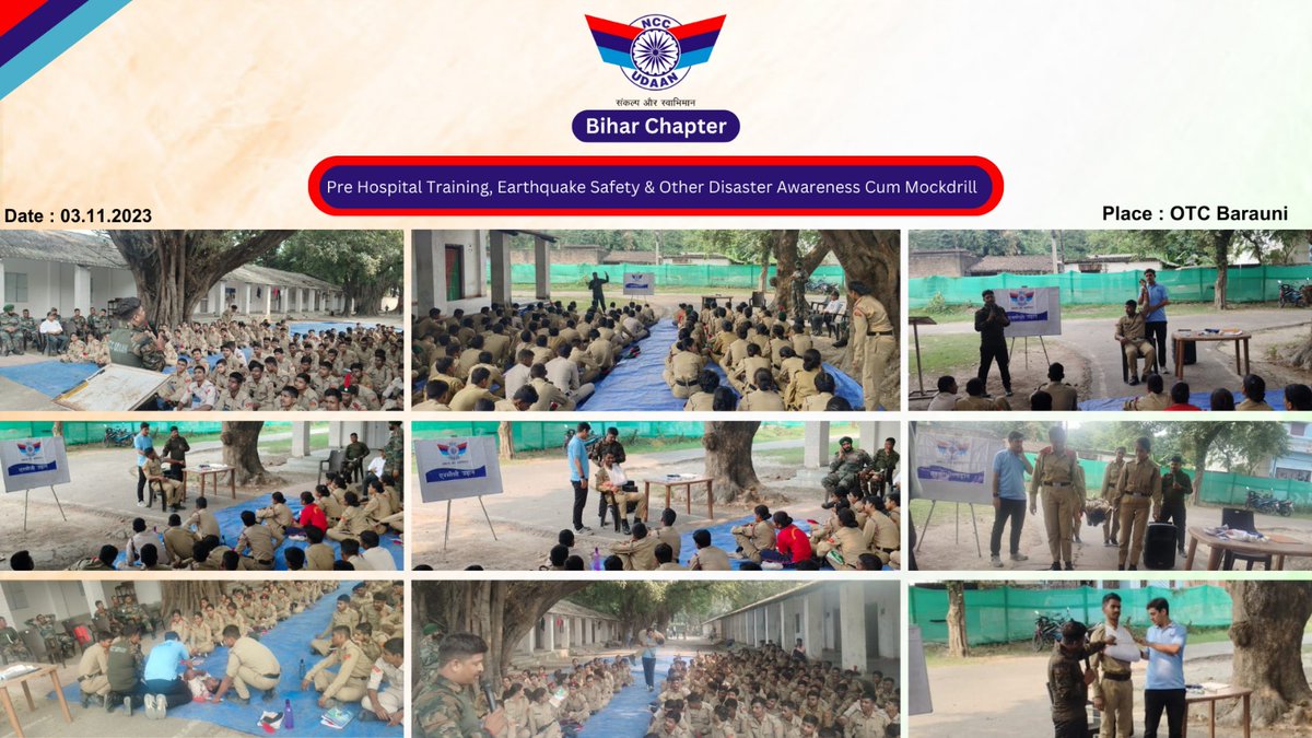 UdaanNcc's tweet image. &quot;🚑 Yesterday, NCC UDAAN hosted a lecture cum demo on pre-hospital training and disaster preparedness at OTC Barauni (CATC). 🏥 The NCC camp was organized by 9 Bihar BN. 💪 #EmergencyPreparedness #nccfofindia #CommunityTraining
@NCC_alumni_assn 
@officecmbihar