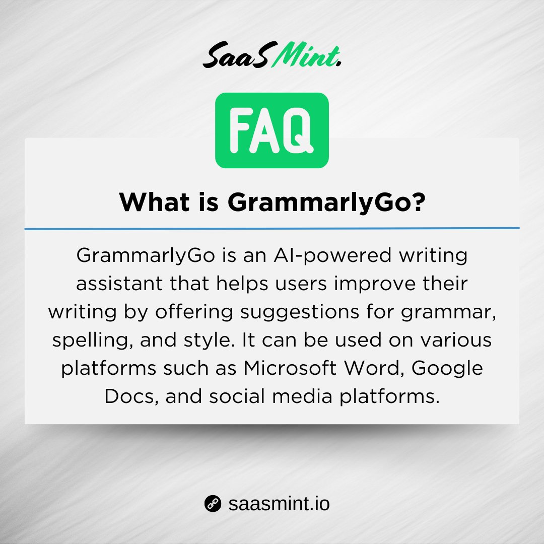 SaasMint's tweet image. Take Your Writing to New Heights with GrammarlyGo! 📝✨ 

The AI-powered writing companion that refines grammar, spelling, and style across Word, Docs, and social media. 

Give it a spin today! 🚀💬 

#GrammarlyGo #Grammarly #WritingAI #SaaS #SaaSMint