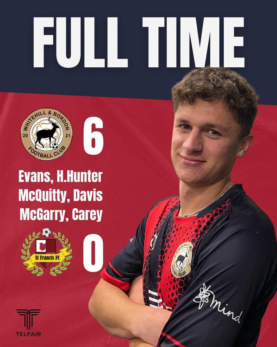 BordonFc's tweet photo. FULLTIME | Whitehill &amp; Bordon FC 6-0 St Francis FC.

GOALS: Evans ⚽️ H.Hunter ⚽️ McQuitty ⚽️ Davis ⚽️ McGarry ⚽️ Carey ⚽️

CLEAN SHEET: Choularton 🧤

MOTM: Toby Fuller 🏆

Thank you to St Francis and all the best for the season 🤝

#UTS https://t.co/ZLuPNsoHyB