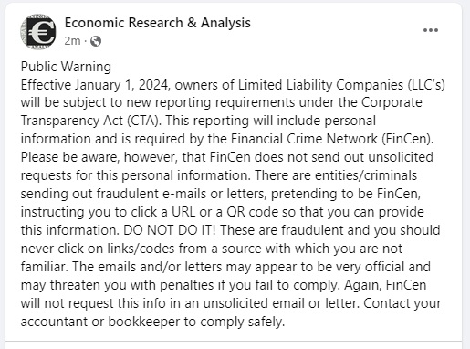AnalysisERA's tweet image. Effective January 1, 2024, owners of Limited Liability Companies (LLC’s) will be subject to new reporting requirements under the Corporate Transparency Act (CTA). This reporting will include personal information and is required by the Financial Crime Network (FinCen).