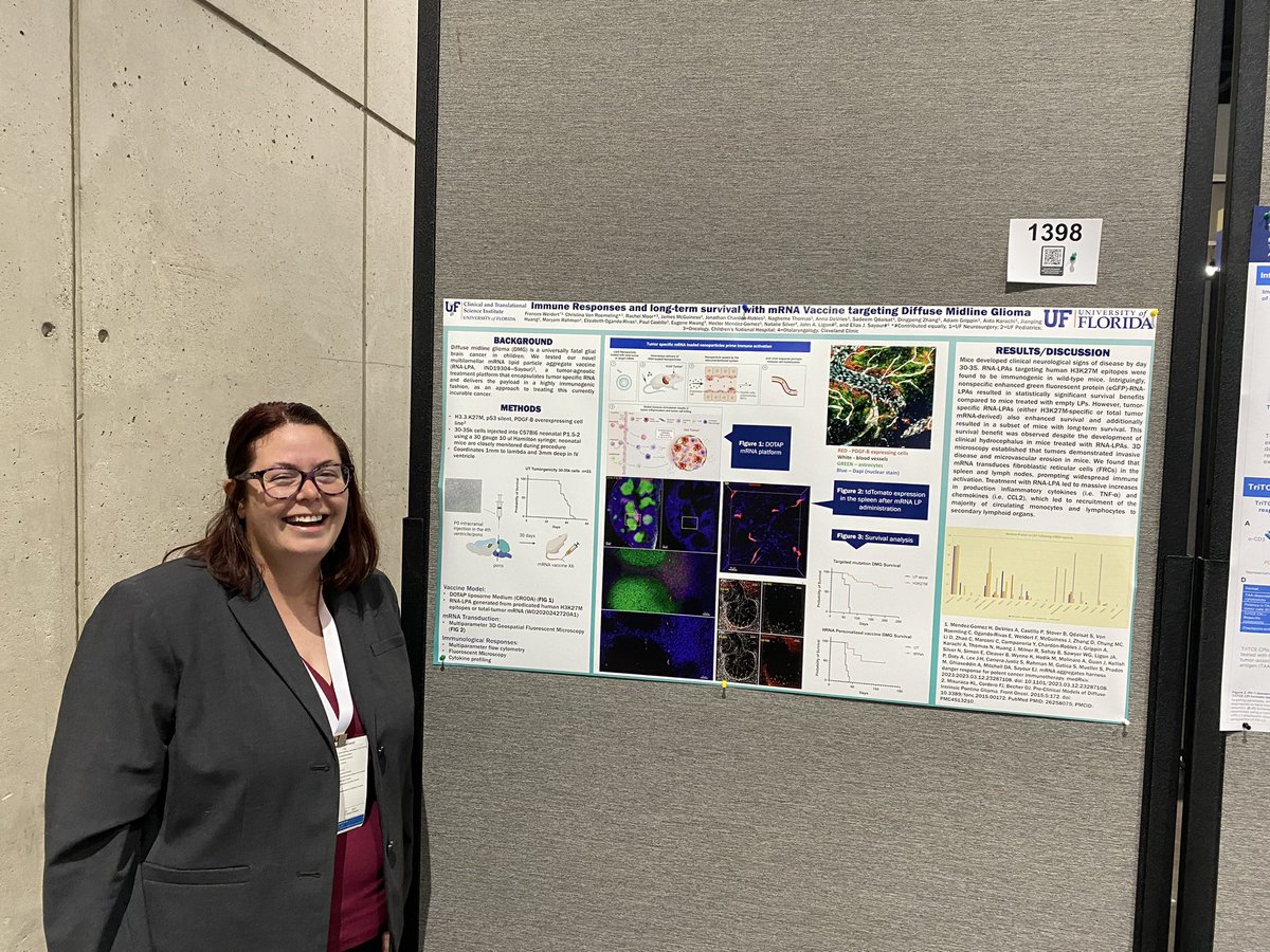 Come talk with our senior scientist Frances Weidert @sitcancer abstract 1398, to discuss how we are trying to use mRNA nanoparticle vaccines against #DIPG. A horrible disease, but I think we are seeing promising results!