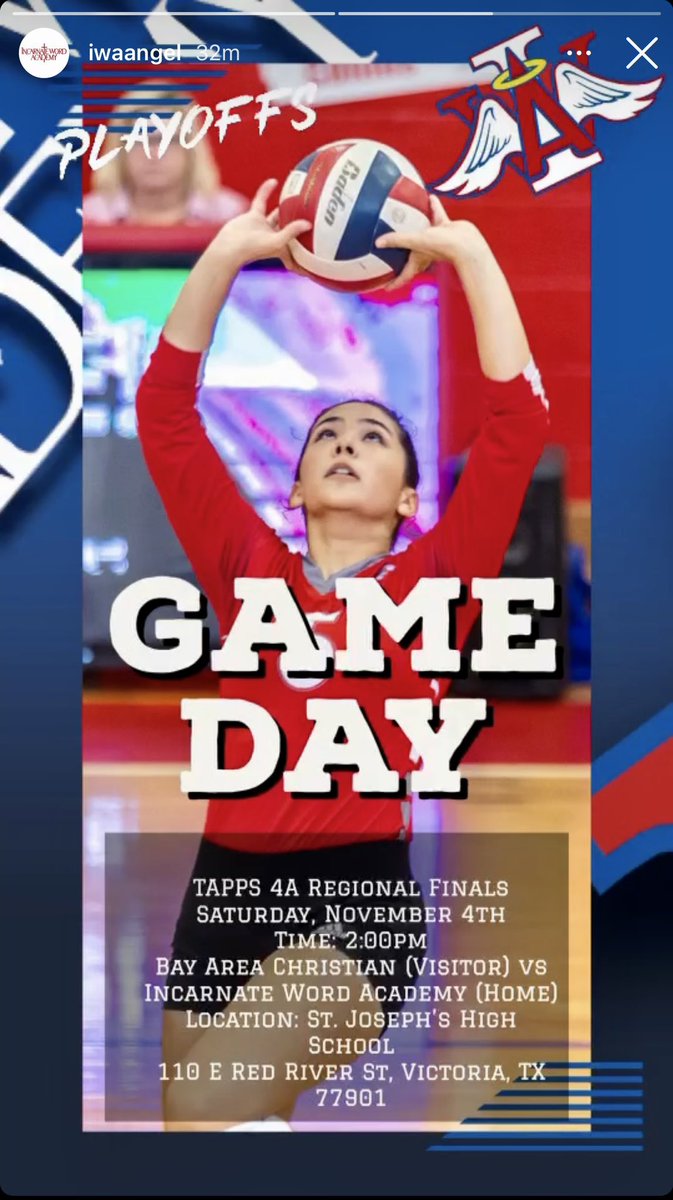 Bella_Collins_5's tweet photo. 💥GAME DAY💥 TAPPS 4A

IWA vs Bay Area Christian 
Regional Playoffs
2:00 pm
St. Joseph Flyer Dome 

Go ANGELS! #Elite8 

https://t.co/jqLqGkaew9

#AngelNation #IWACC #CollinsSisters

@LarissaLiska @Caller_Len @qmartinez @ChrisThomasson7 @TAPPSvolleyball @IWACCNews @CathSchoolsCC https://t.co/smEvGyCy32