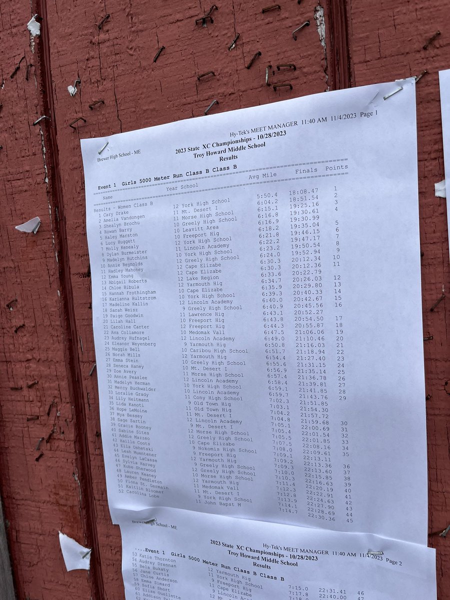 Class B girls individual and team results - York repeats, Greely second