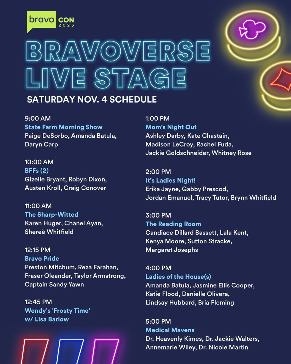 🎶Waking up in Vegas, thinking about so many #BravoCon panels🎶 Make sure to stop by the Bravoverse Live Stage to see all of these iconic Bravoleb pairings today!