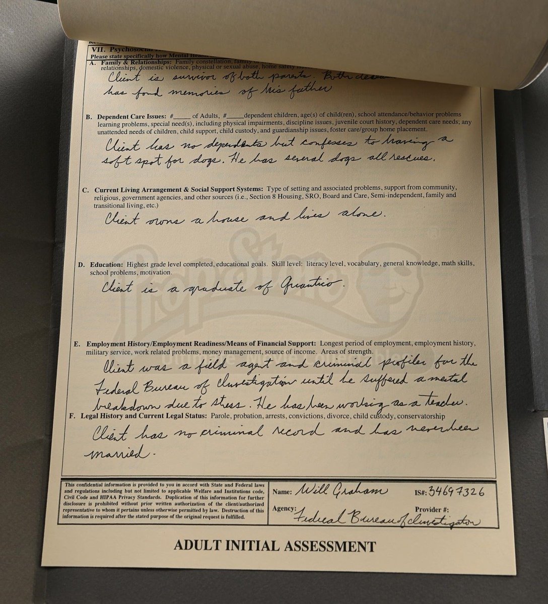 BattyMadison_'s tweet photo. Something I like about the show are the glimpses into Will's character, like this (prop) document written by Hannibal where it acknowledges that Will "has no dependents but confesses to having a soft spot for dogs. He had several dogs, all rescues." It also + https://t.co/rXxpLclh0T