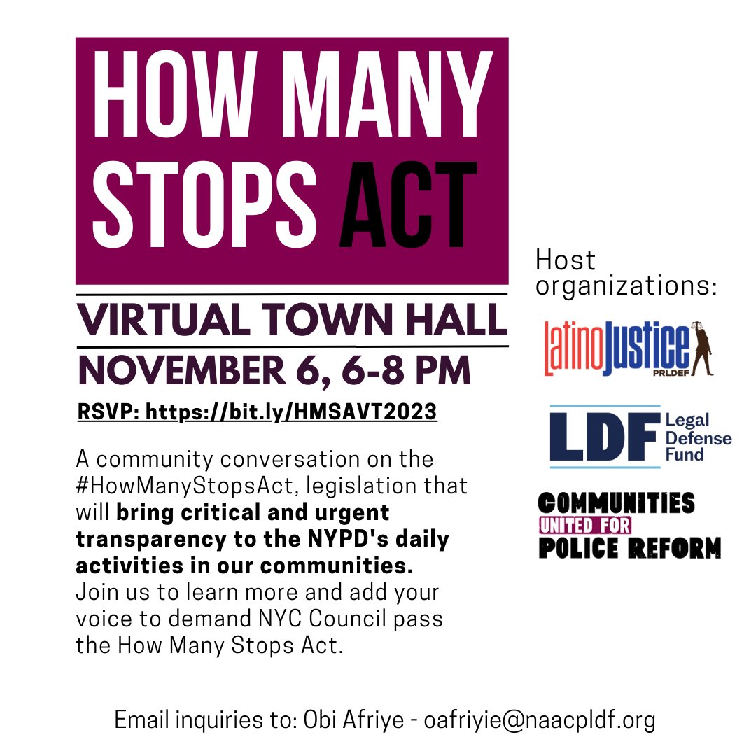 Join this urgent community town hall on 11/6 and demand @nyccouncil pass the #HowManyStopsAct for NYPD transparency now! bit.ly/HMSAVT2023