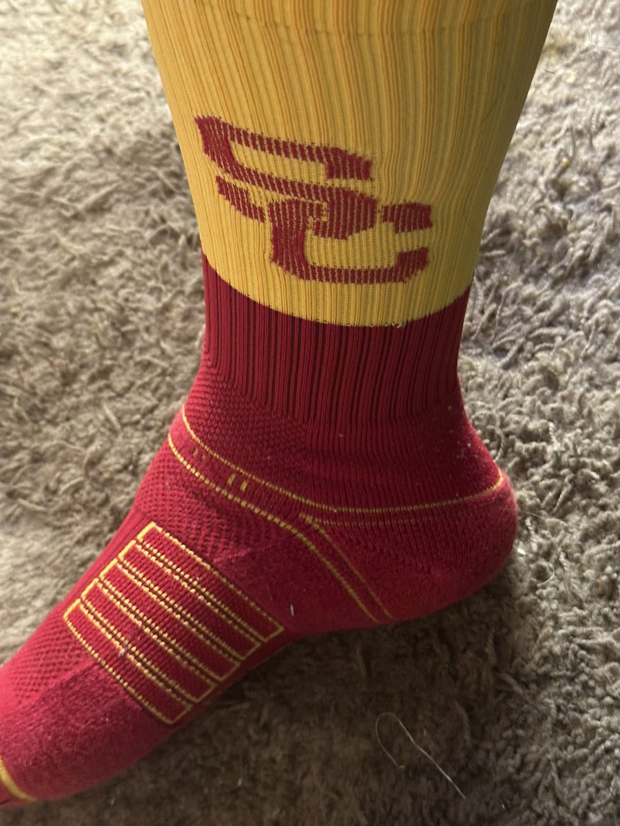 VicTheMacWizard's tweet photo. ￼
USC has not lost a game this year when I’ve worn these socks on game day. 

I didn’t wear them to watch the away Notre Dame game, or the home Utah game. USC lost those games. #FightOn ✌🏻 #BeatTheHuskies  ✌🏻#EatMoreDog ✌🏻#FireAlexGrinch ✌🏻 #WeAreSC https://t.co/kllT498Cyt