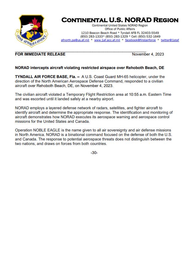 A USCG MH-65 helicopter, under the direction of NORAD intercepted a general aviation aircraft that violated the VIP Temporary Flight Restricted area near Rehoboth Beach, DE this morning.  The event concluded without incident. https://t.co/XVhDDY4TAw