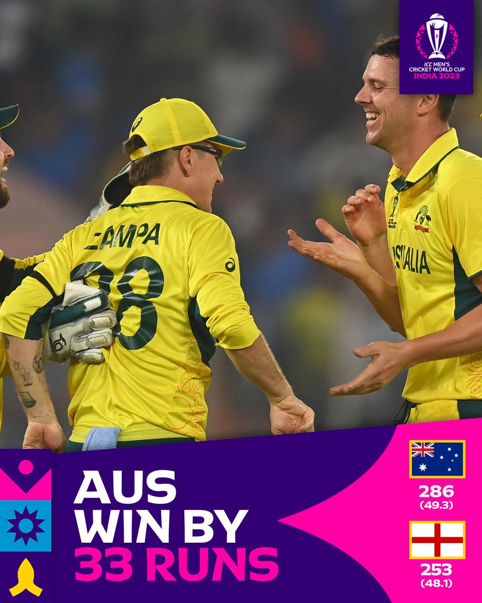 England are knocked out as Australia continue their march towards a #CWC23 semi-final spot ⚡

#ENGvAUS 📝: bit.ly/3QL6N1i