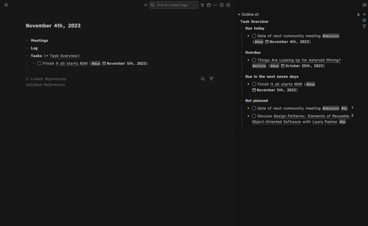 The upcoming article of my "Using <a href="/RoamResearch/">Roam Research</a> for managing my busy life" series will be about the importance of the daily notes page.  I'll also show an easy way to manage tasks without losing a single item. 

Stay tuned under: goedel.io