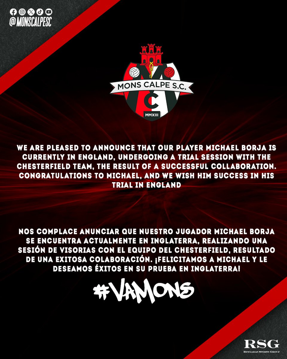 MonsCalpeSC's tweet photo. 🇬🇧🏆We are pleased to announce that our player Michael Borja is currently in England, participating in a trial session with the Chesterfield team, the outcome of a successful collaboration. Congratulations to Michael, and we wish him success in his trial in England. #VaMons

🇪🇸🏆 Nos complace anunciar que nuestro jugador Michael Borja se encuentra actualmente en Inglaterra, realizando una sesión de visorias con el equipo del Chesterfield, resultado de una exitosa colaboración. ¡Felicitamos a Michael y le deseamos  éxitos en su prueba en Inglaterra!
 #VaMons