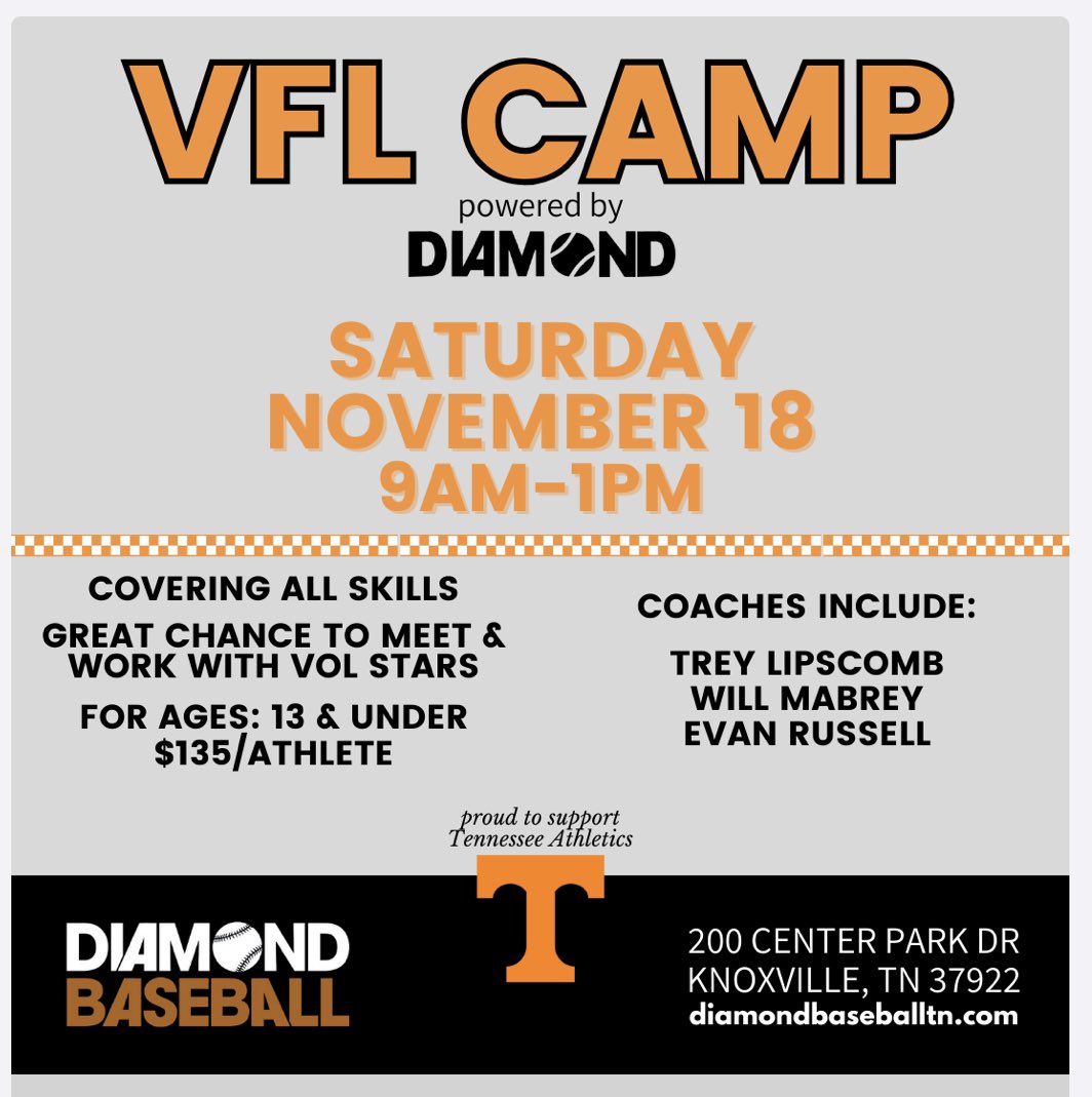 Diamond Baseball-Simcox Academy (@diamondbballtn) on Twitter photo Come work with VFL’s. Still room for this great camp! 🍊⚾️
diamondbaseballtn.com/events/vfl-cam…
<a href="/h3sportsusa/">H3 Sports</a> <a href="/tlips03/">Trey Lipscomb</a> <a href="/WillMabrey2/">Will Mabrey</a> <a href="/EvanRussell_4/">Evan Russell</a> Come work with VFL’s. Still room for this great camp! 🍊⚾️
diamondbaseballtn.com/events/vfl-cam…
<a href="/h3sportsusa/">H3 Sports</a> <a href="/tlips03/">Trey Lipscomb</a> <a href="/WillMabrey2/">Will Mabrey</a> <a href="/EvanRussell_4/">Evan Russell</a>