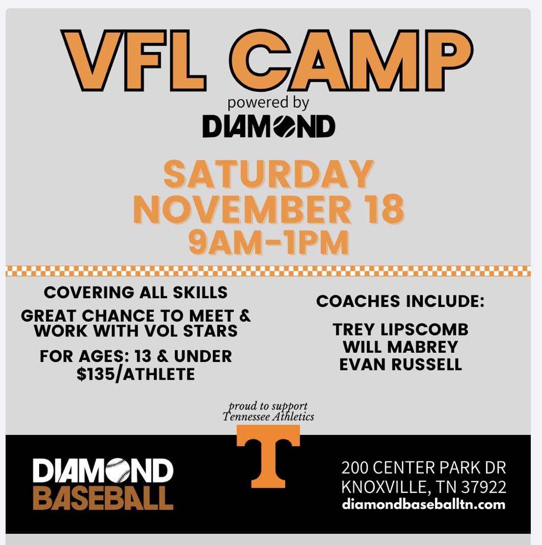 Come work with VFL’s. Still room for this great camp! 🍊⚾️ diamondbaseballtn.com/events/vfl-cam… @h3sportsusa @tlips03 @WillMabrey2 @EvanRussell_4