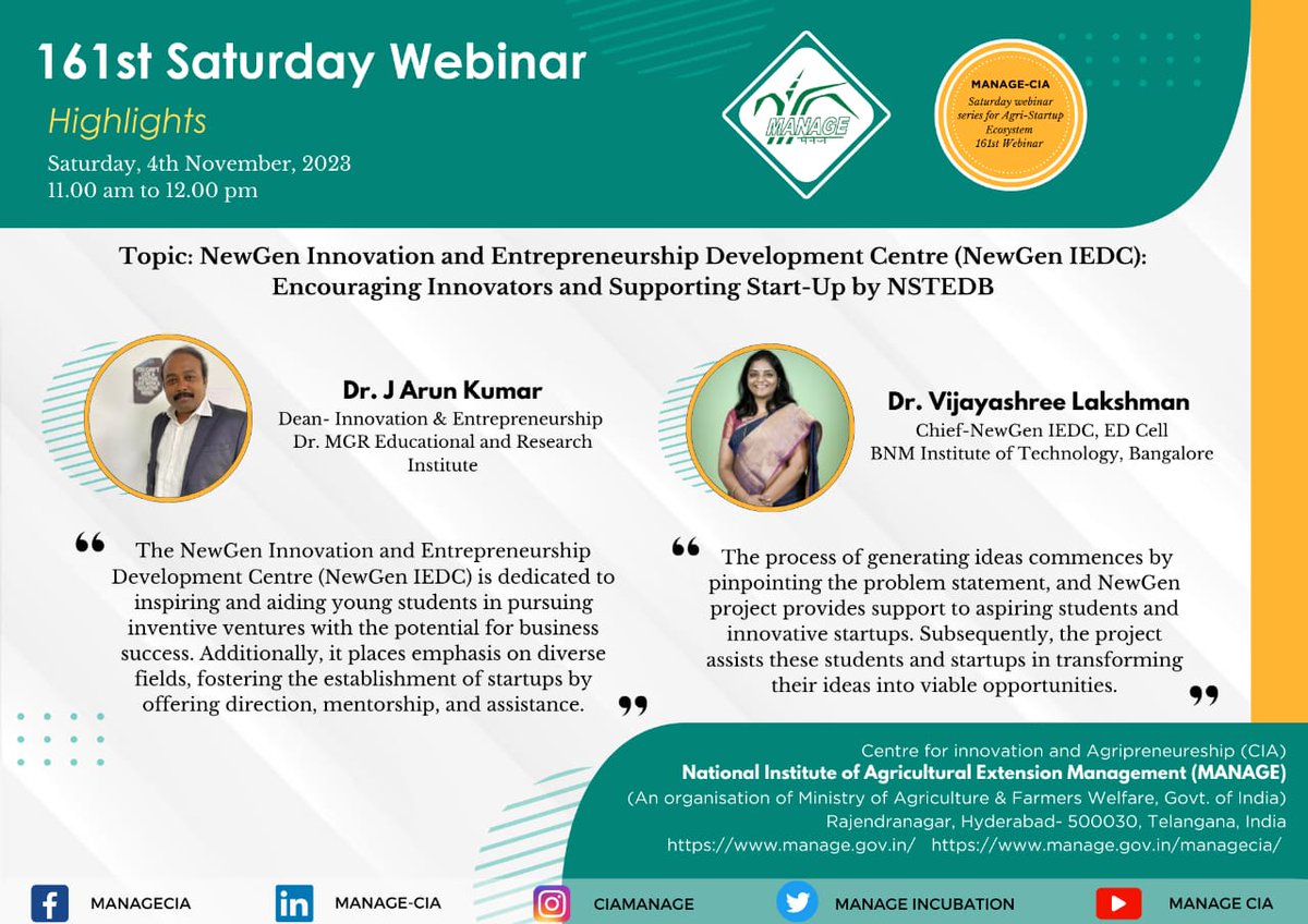 The 161st webinar series organized by MANAGE-CIA centered around the NewGen Innovation and Entrepreneurship Development Centre (NewGen IEDC) Check out Webinar Highlights here or click on the link to watch the full video: youtube.com/watch?v=BjYI0A… #Startups #Agripreneurs #Webinar